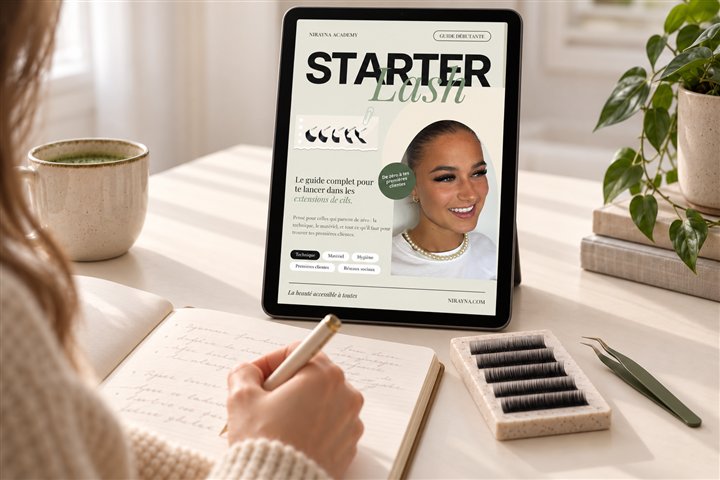 Le guide Starter Lash présenté sur une tablette dans un décor crème et sauge