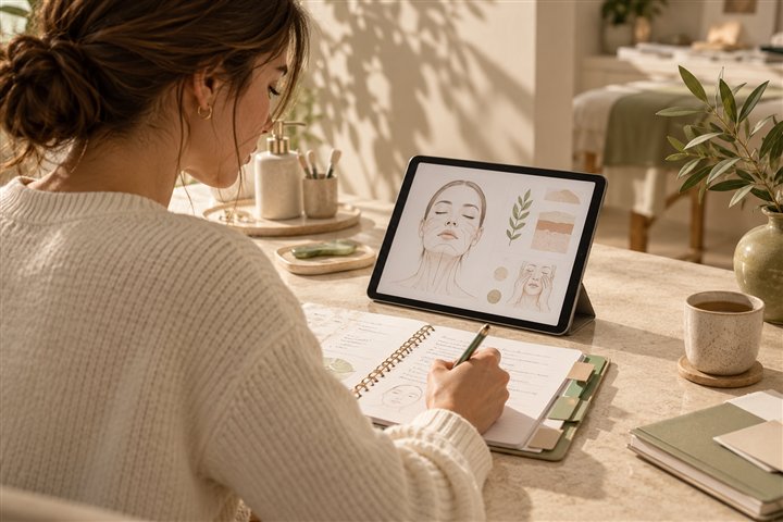 Une femme révise avec sa tablette et ses fiches dans un espace lumineux