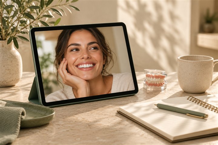 Un sourire lumineux sur une tablette, accompagné d’un carnet de travail